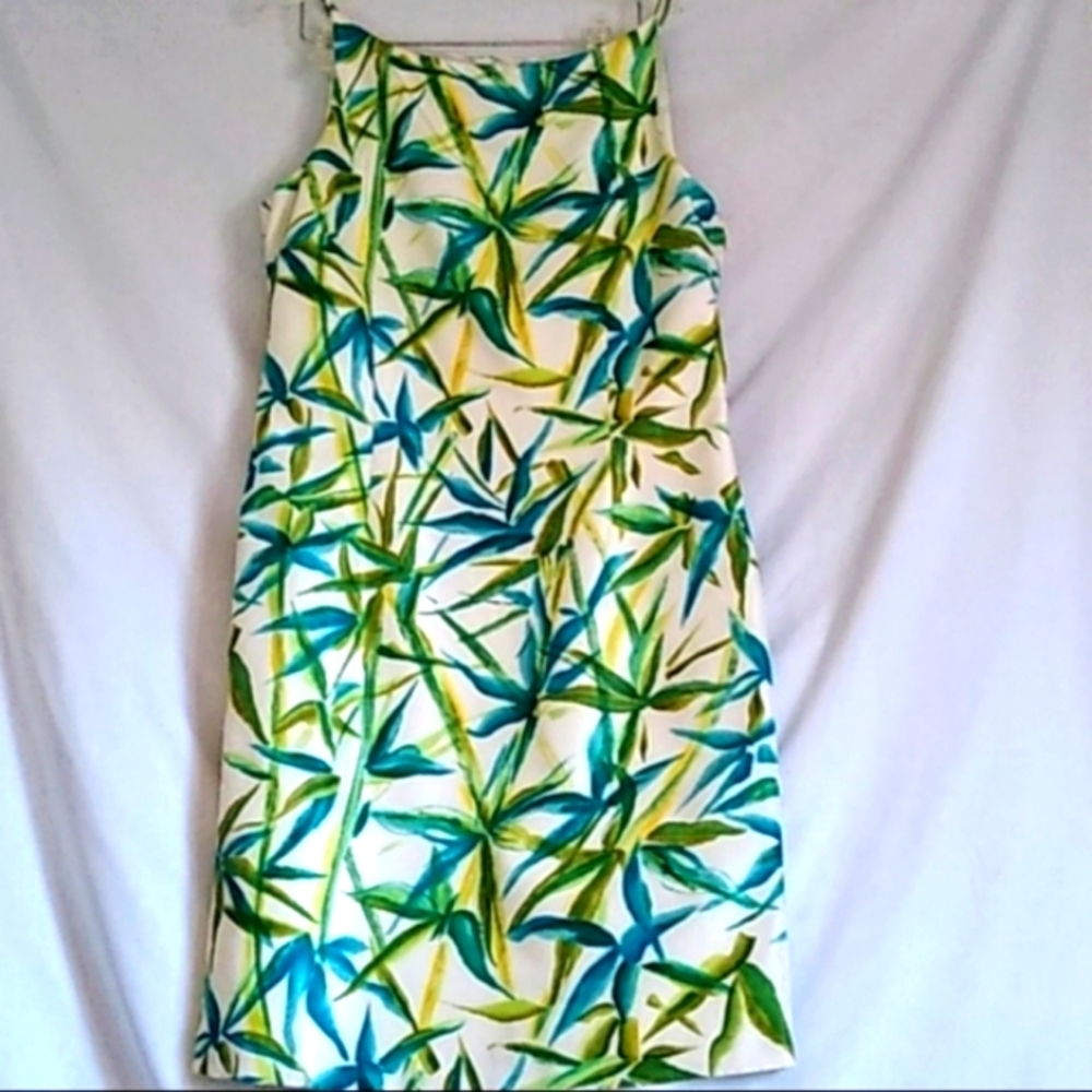 Liz Claiborne Aquatic Harmonies Silk Dress Blue Green Sleeveless Bateau 14 NWT